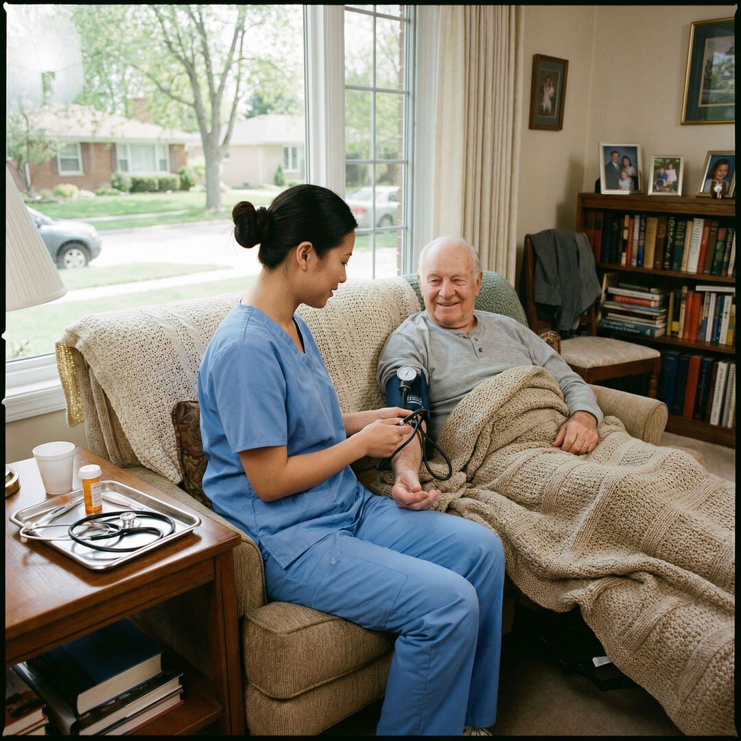 Nurse taking the blood pressure of an elderly client